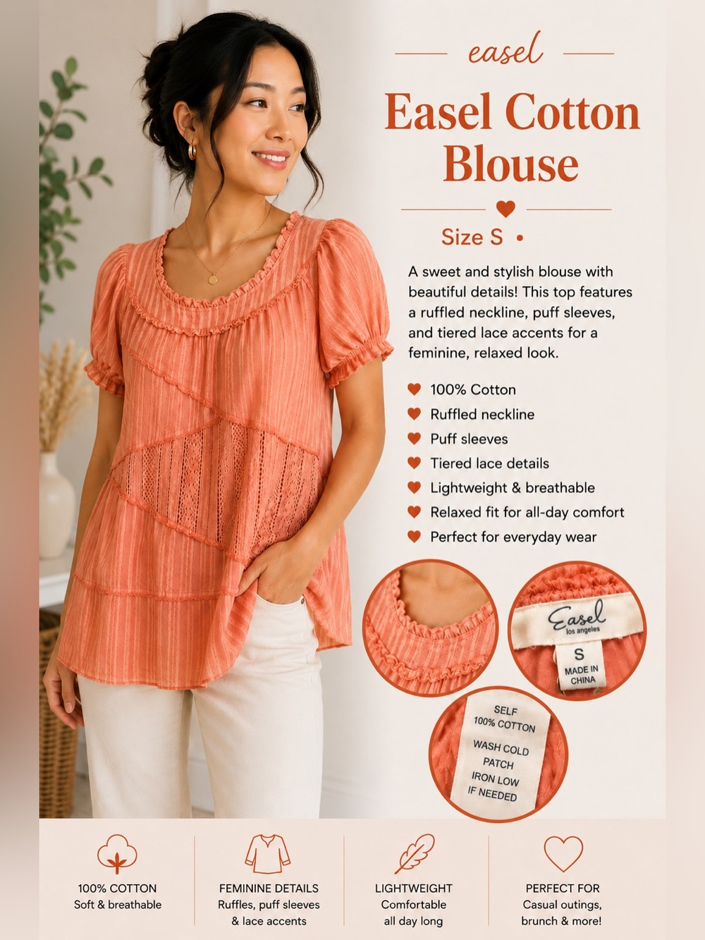 Easel Cotton Blouse Size S Pink